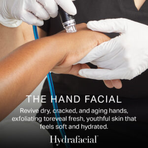 The hand facial revive dry, cracked, and aging hands, exfoliating toreveal fresh, youthful skin that feels soft and hydrated. Hydrafacial™